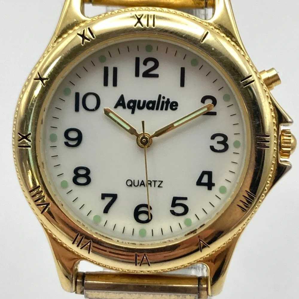 Vintage Aqualite Men's Watch 36mm Gold Tone Backlight Stretch Band New Battery